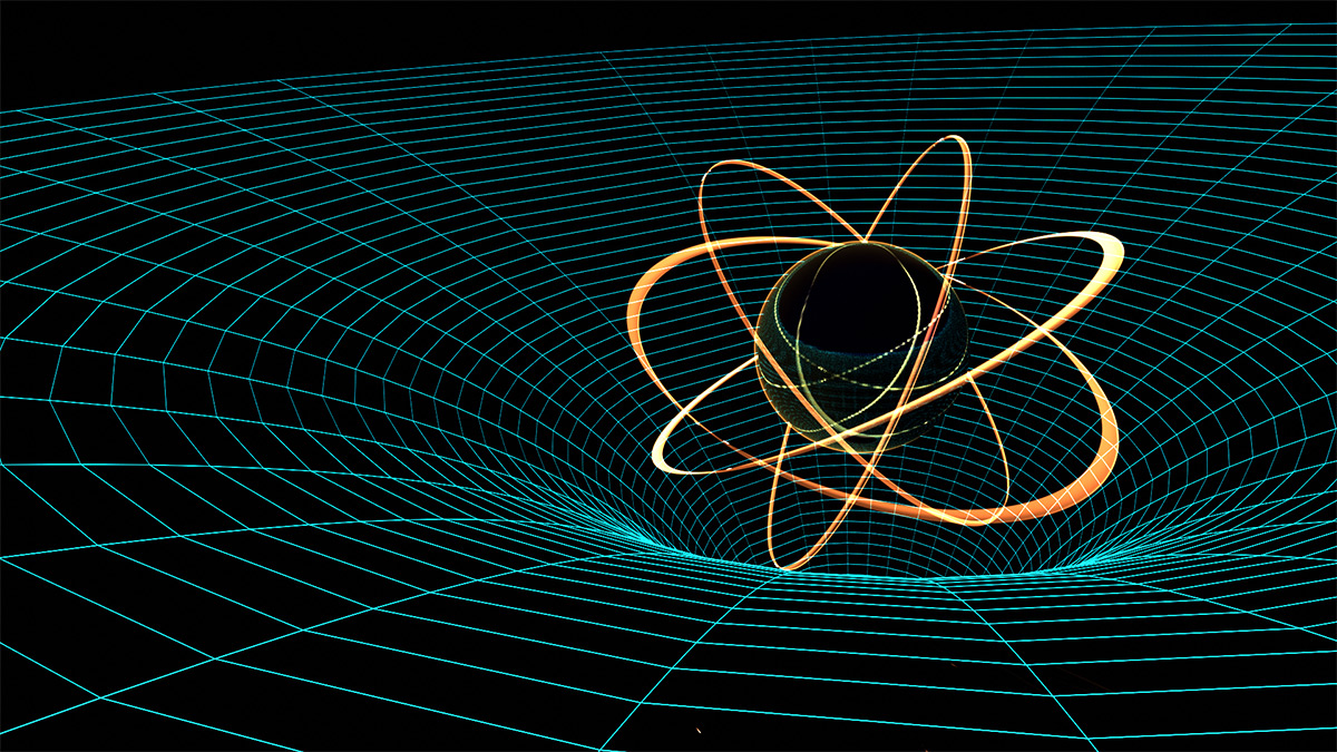 An artist's depiction of an atom sitting on a representation of a warped spacetime