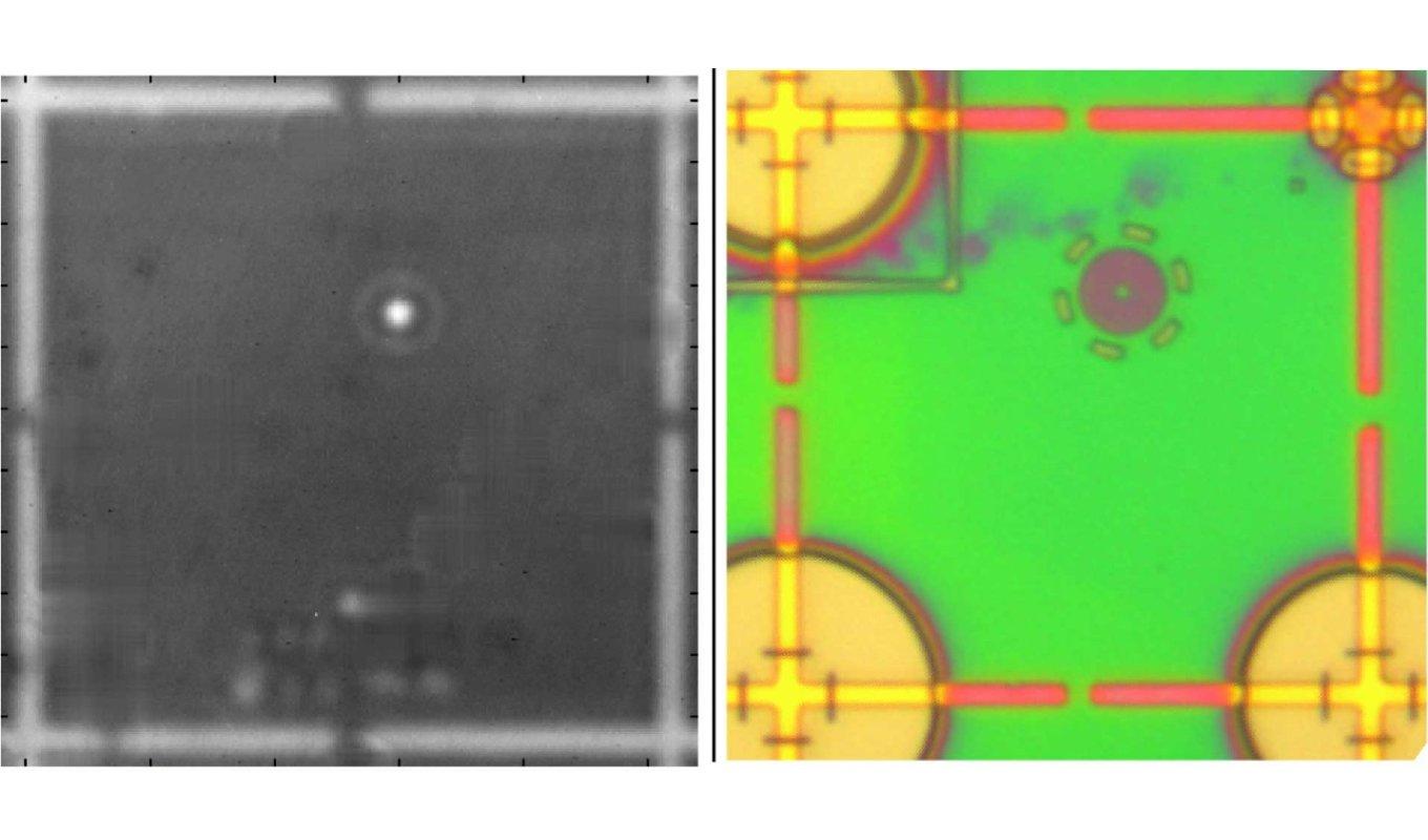 Fluorescence imaging (left) is used to locate a single quantum dot with respect to alignment marks, after which a photonic device (right) is built in the correct location for enhancing the quantum dot properties.