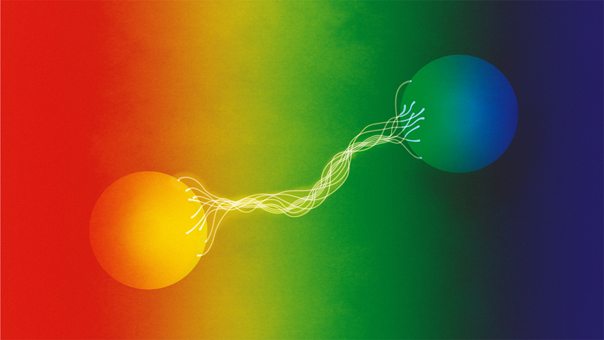 an artist's depiction of entanglement showing a connection between two particles represented as spheres