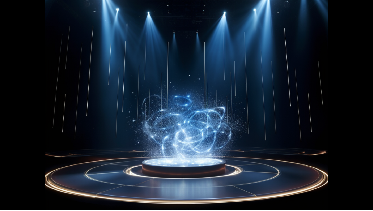 an AI-generated artistic image showing swirling quantum particles on a circular stage lit by lights from above