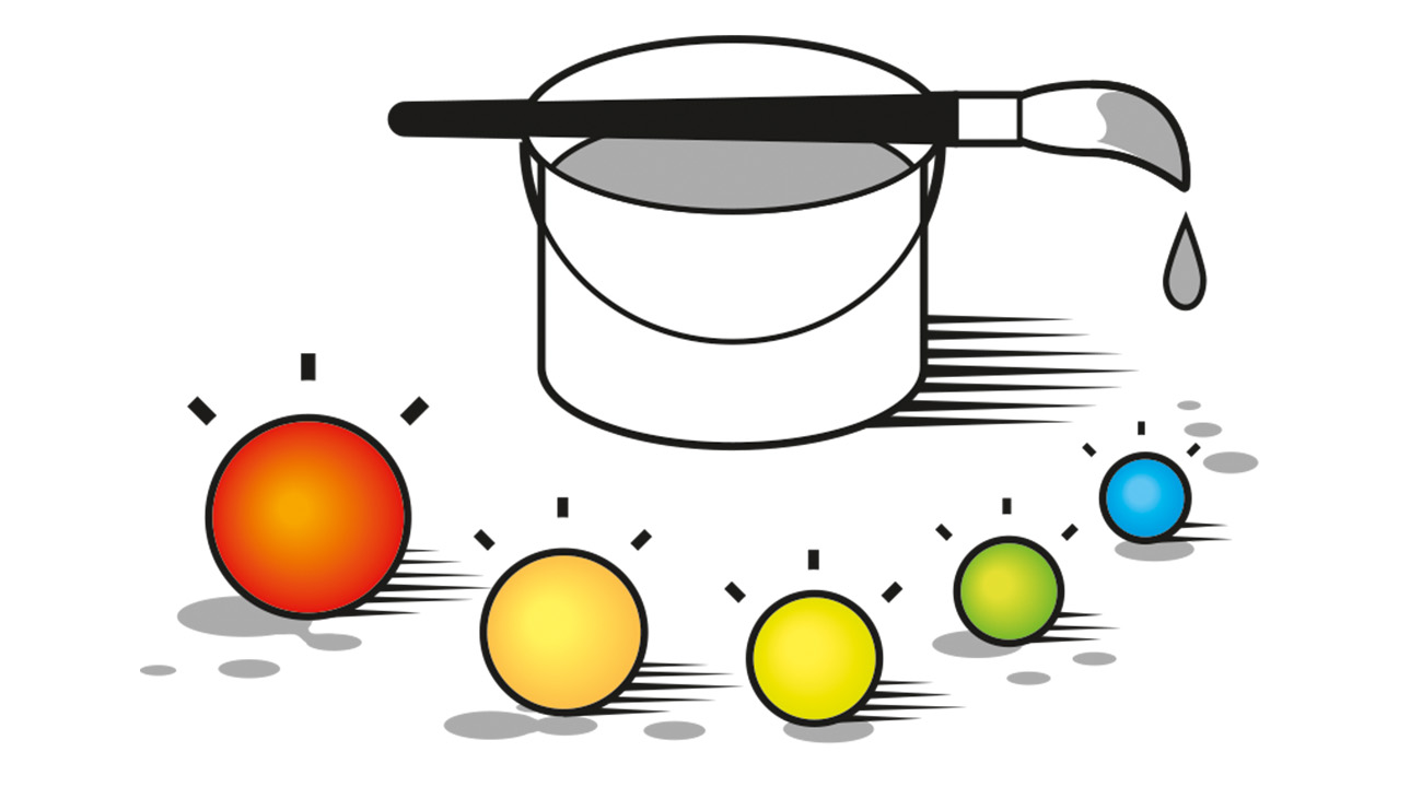 A simple illustration shows a black and white paint bucket and paint brush with 5 balls of different colors and sizes in a line in front of it.