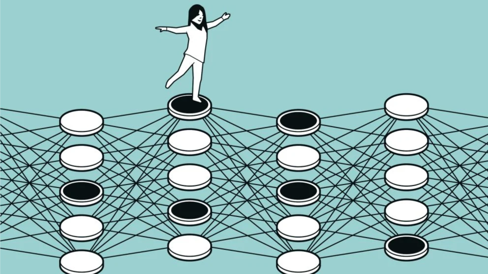 An array of black and white dots are connected by lines forming a chaotic network. A woman balances on one foot on one of the dots.