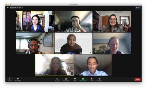 A Zoom video chat showing eight people participating in the chat.